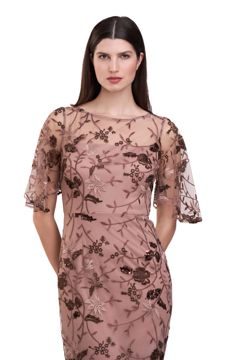 JS Collections Daphne Embroidered Sequin Column Gown, Alternate, color, Mocha