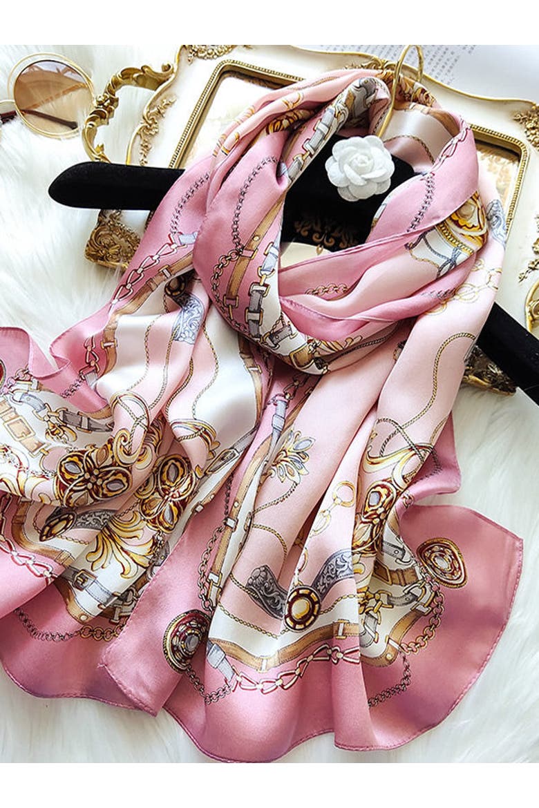 Silk Printed Rectangular Long Stole Scarf, Alternate, color, Pink