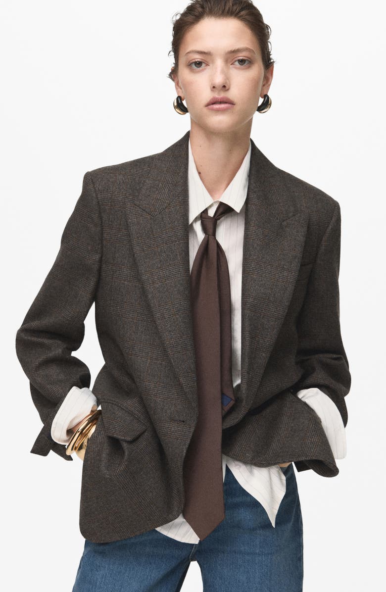 MANGO Houndstooth One-Button Wool Blend Blazer, Alternate, color, Brown