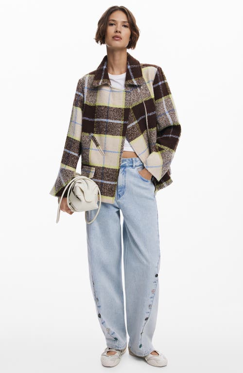 Desigual Check Plaid Short Overcoat In Brown