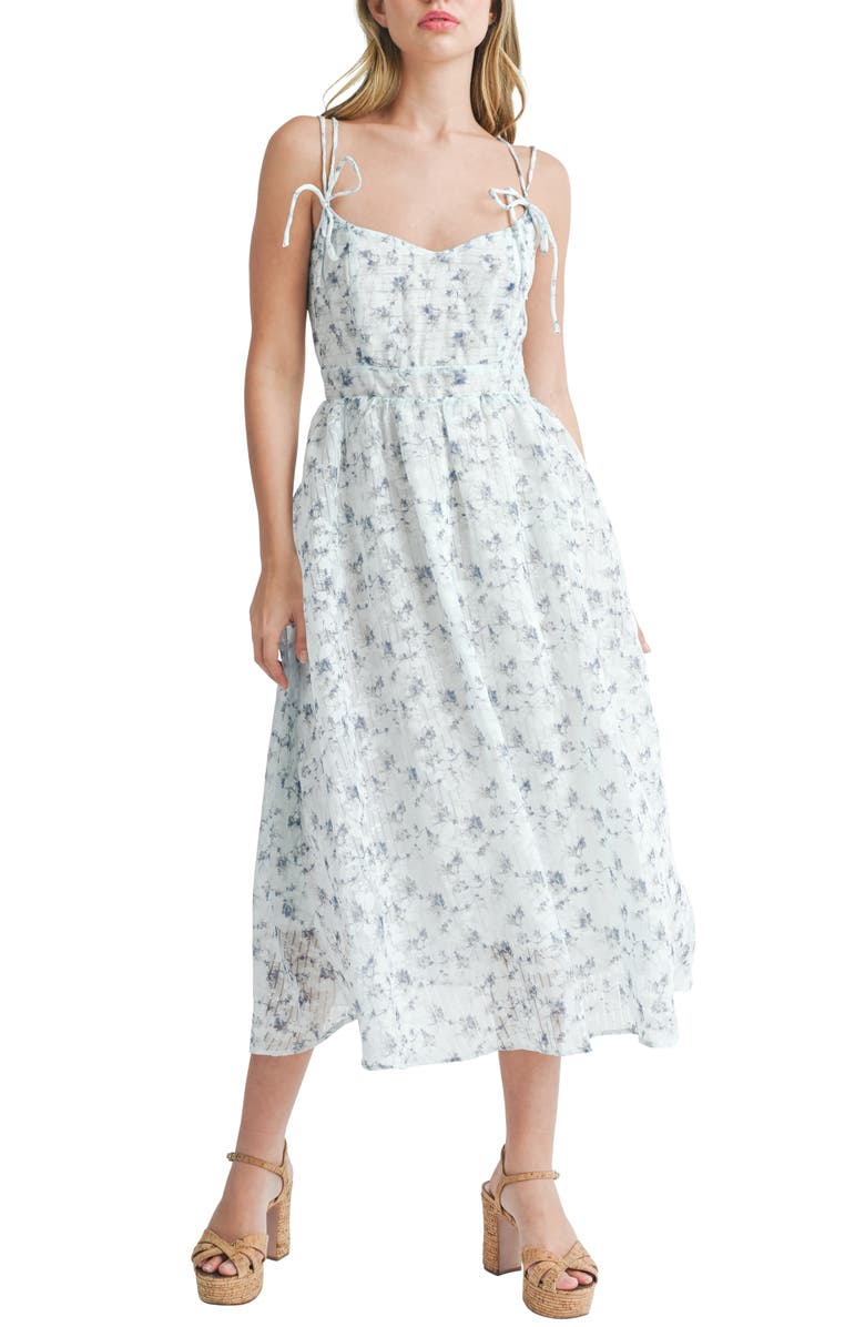 All in Favor Floral Cotton Blend Midi Sundress, Main, color, Blue Floral
