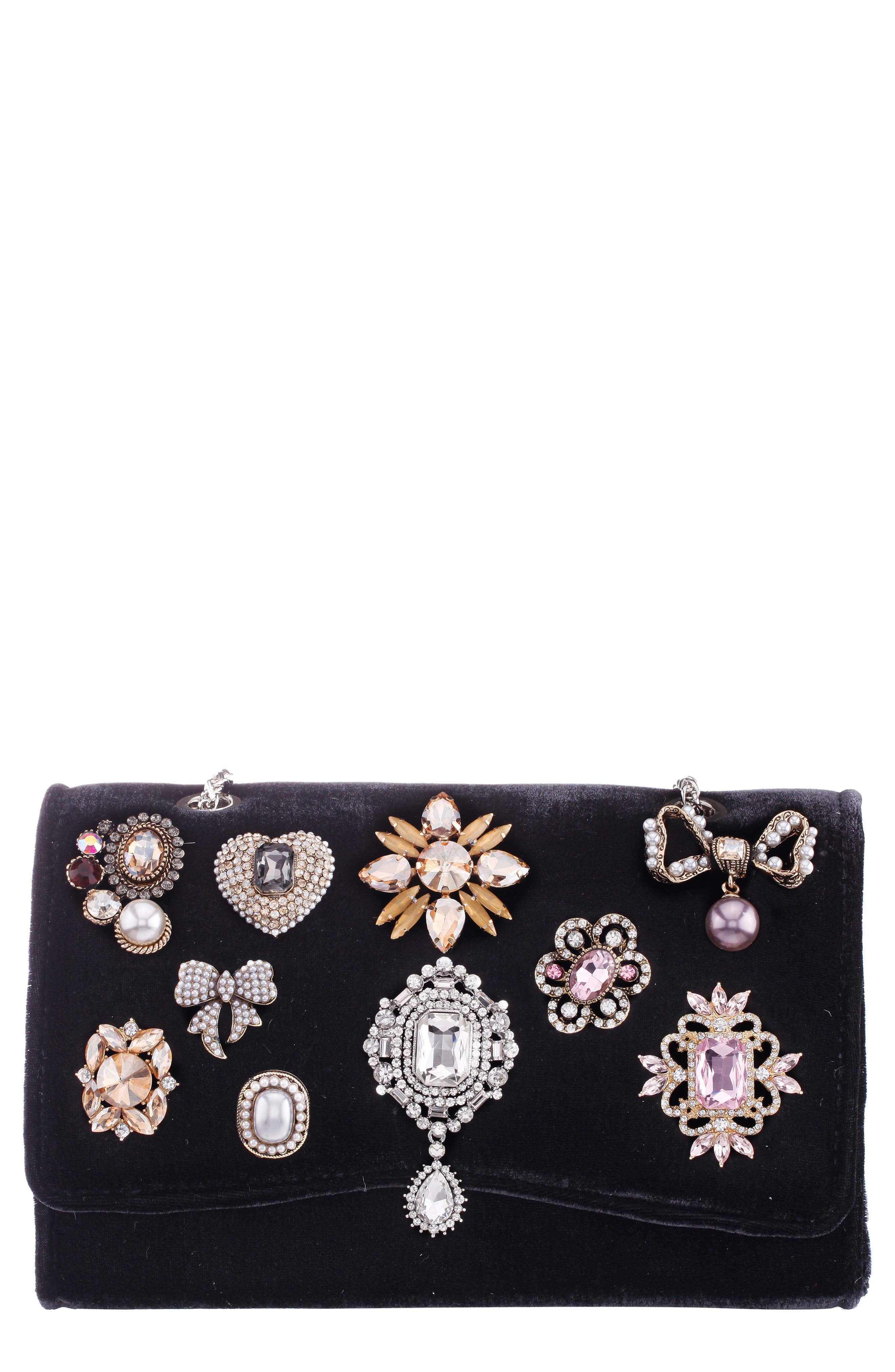 Navi Crystal Brooch Velvet Clutch, Main, color, BLACK