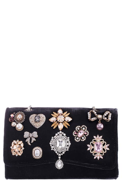Navi Crystal Brooch Velvet Clutch