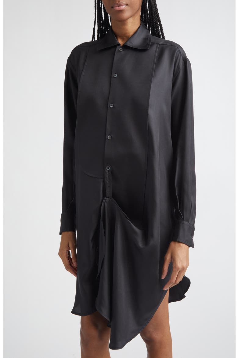 Draped Long Sleeve Silk Tuxedo Shirtdress, Alternate, color, BLACK