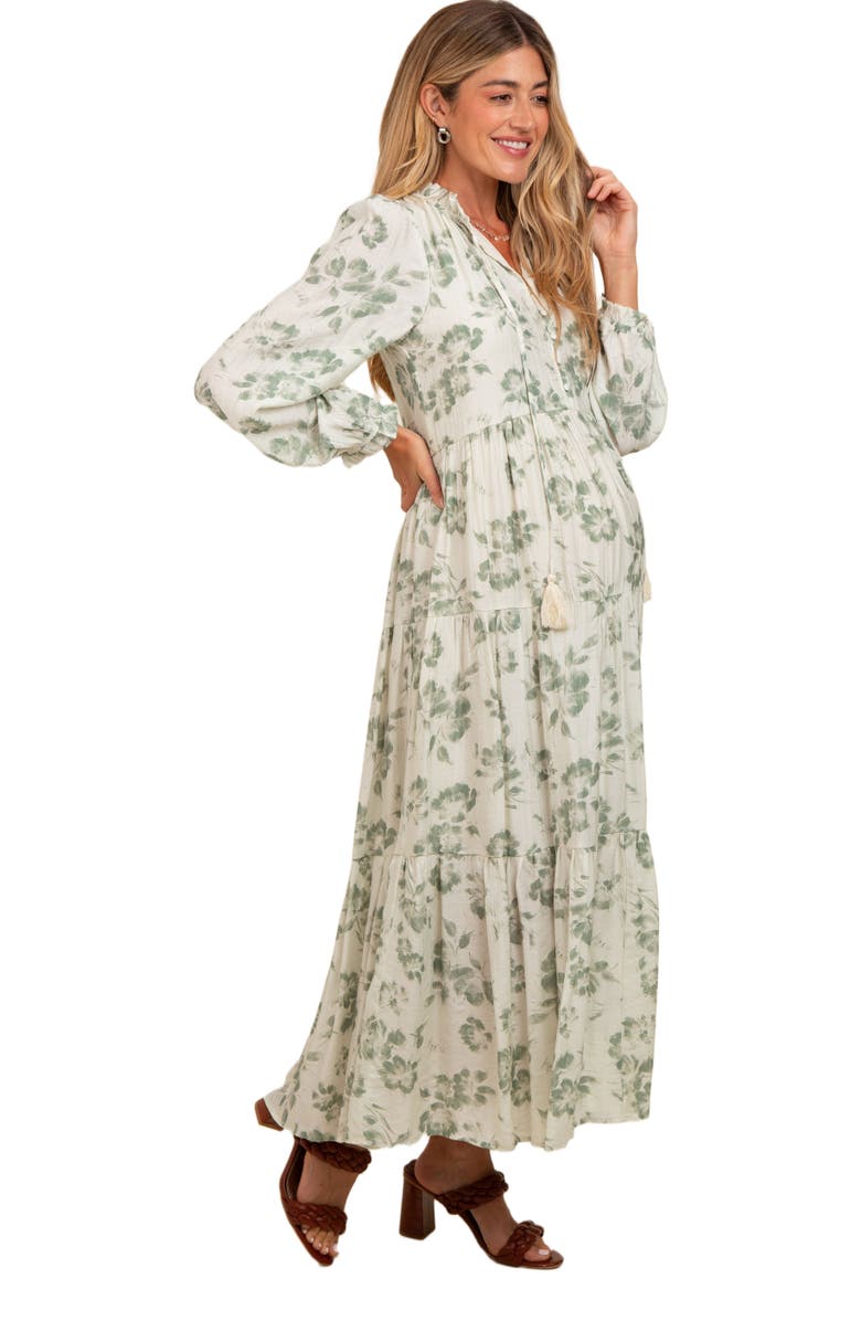 PinkBlush Floral Button Front Tiered Long Sleeve Maxi Dress, Alternate, color, Olive Green