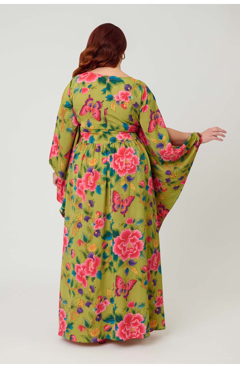 Unique Vintage Plus Size 1960s Flutter Sleeve Caftan, Alternate, color, Green W/ Butterfly Print