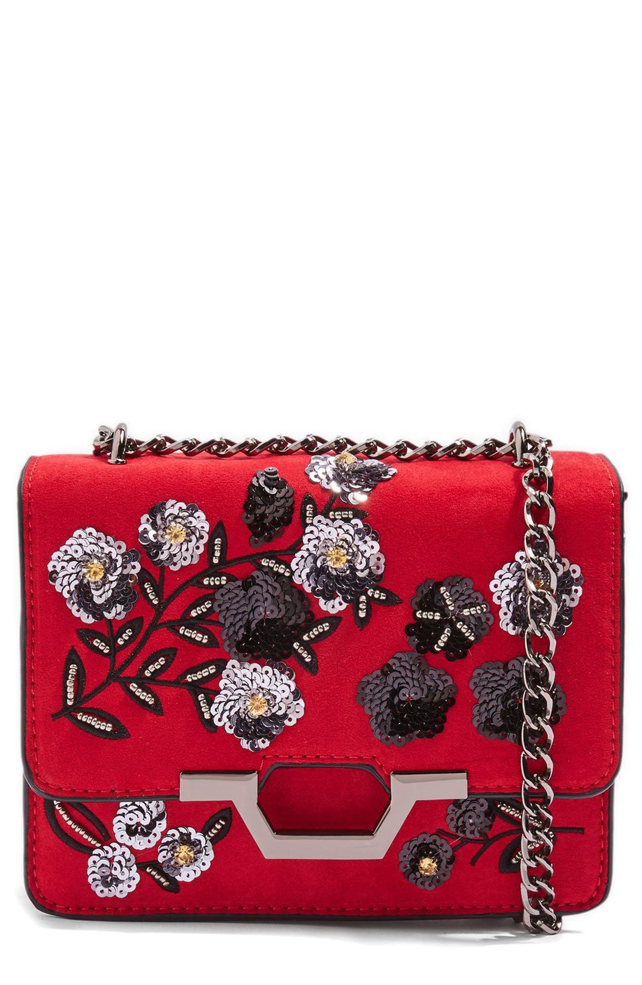 Topshop Kylie Embellished Faux Suede Crossbody Bag, Main, color, 