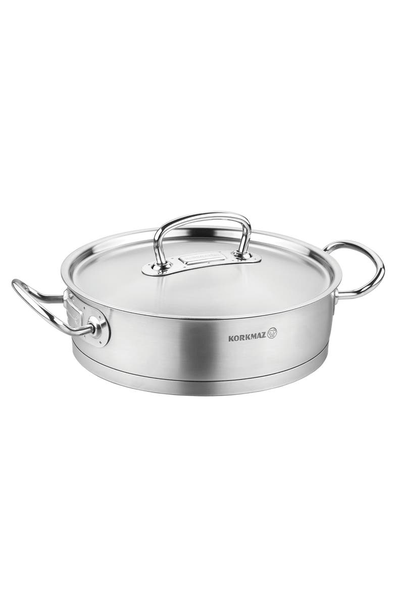 Korkmaz Proline Professional Series 3.1 Liter Stainless Steel Saute Pan with Lid, Main, color, Metallic Silver
