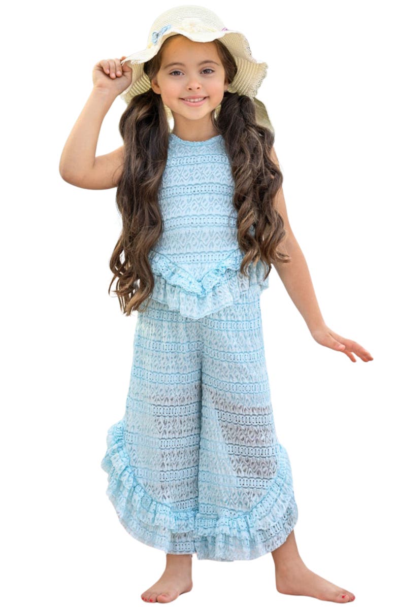 Mia Belle Girls Girls Sway My Way Lace Top and Ruffle Pants Set, Main, color, Blue