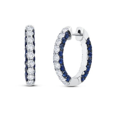 Blue Sapphire & Diamond 3 Sided Hoops