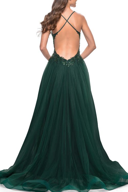 La Femme Tulle A-line Gown With Sheer And Beaded Lace Detail In Dark Emerald