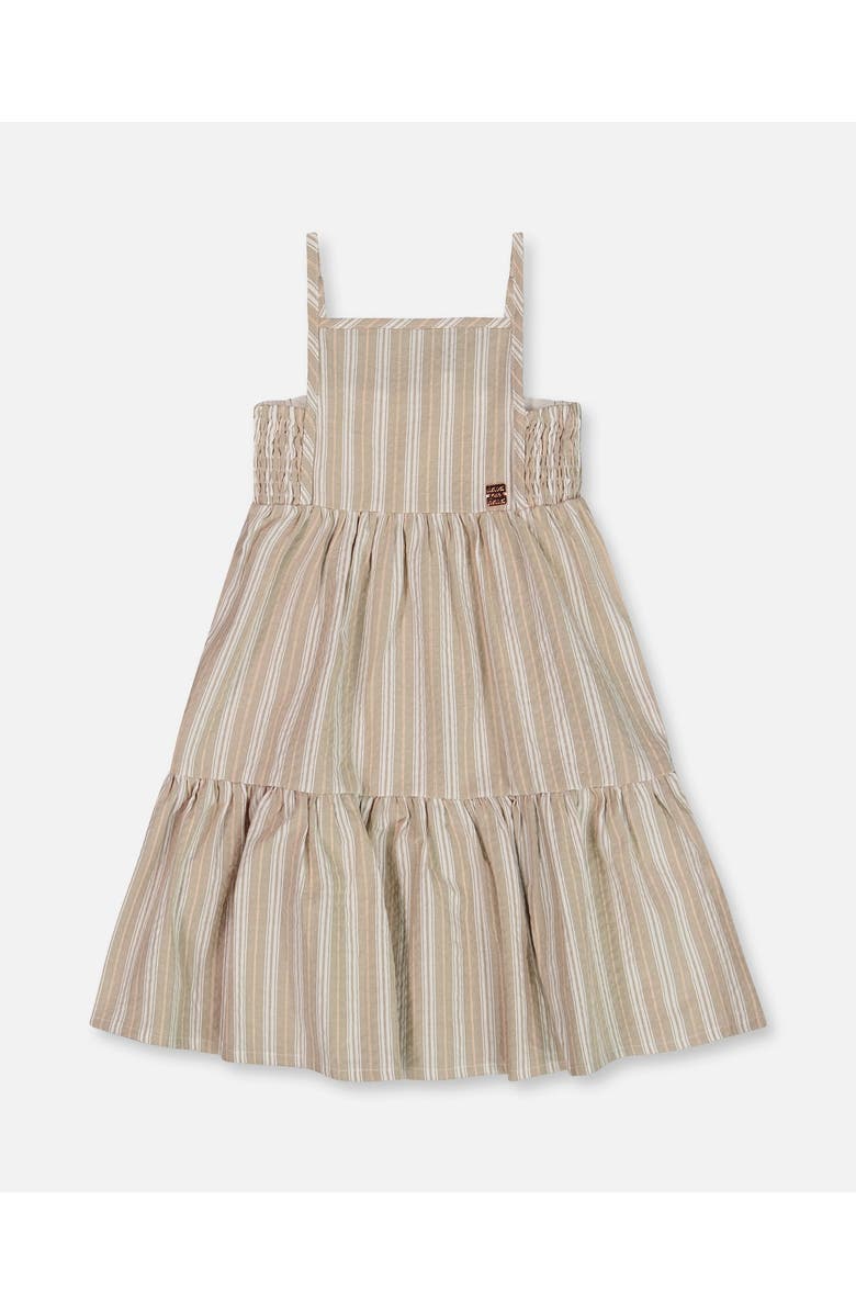 Deux par Deux Little Girl's Sleeveless Linen Dress White And Sage Striped, Main, color, White And Sage Striped