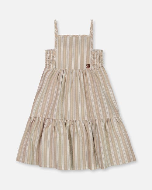 Deux Par Deux Little Girl's Sleeveless Linen Dress White And Sage Striped In White And Sage Striped