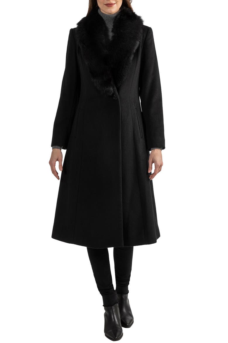 Toscana Genuine Dyed Lamb Shearling Collar Wool Blend Coat, Main, color, BLACK