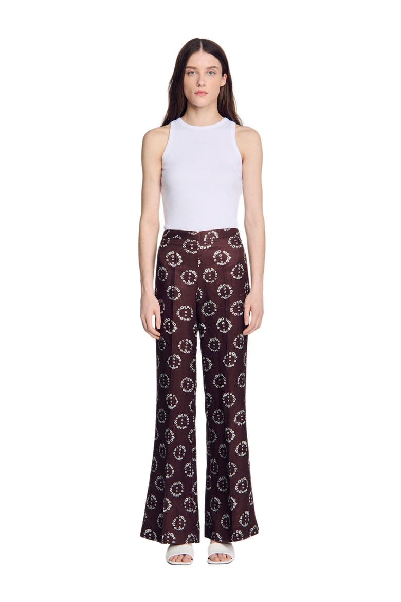 Floral-print floaty trousers, Alternate, color, Brown