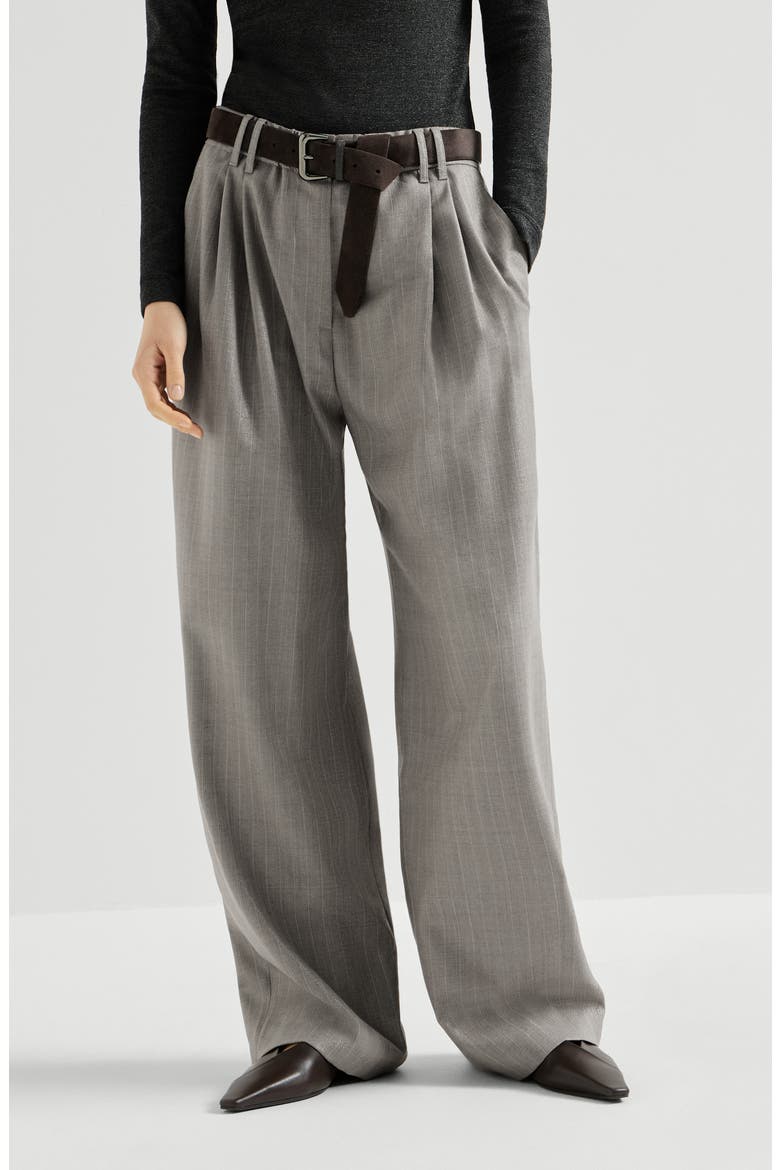 Sparkling virgin wool pinstripe track trousers with monili, Main, color, Silver