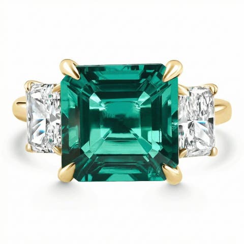 8Ct Asscher Cut Emerald & Diamond Ring 14k Gold or Platinum Lab Grown