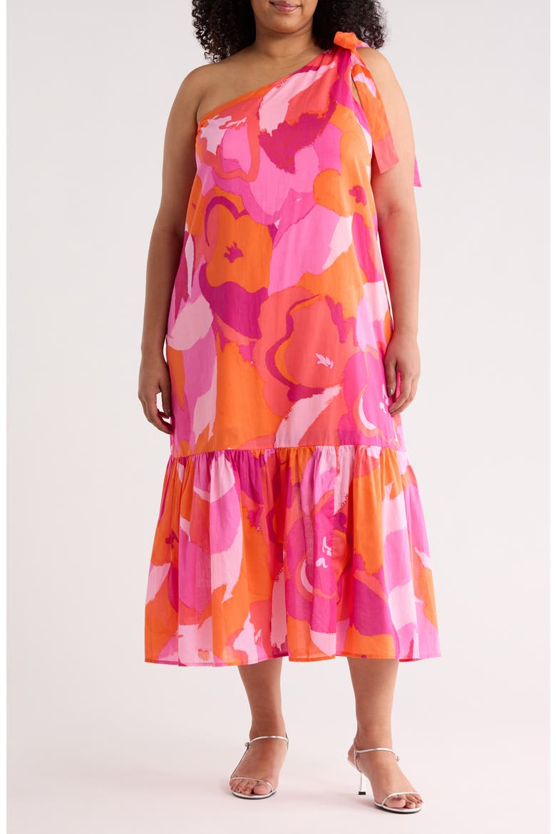 Floral One-Shoulder Cotton Dress, Main, color, ORANGE PINK MULTI