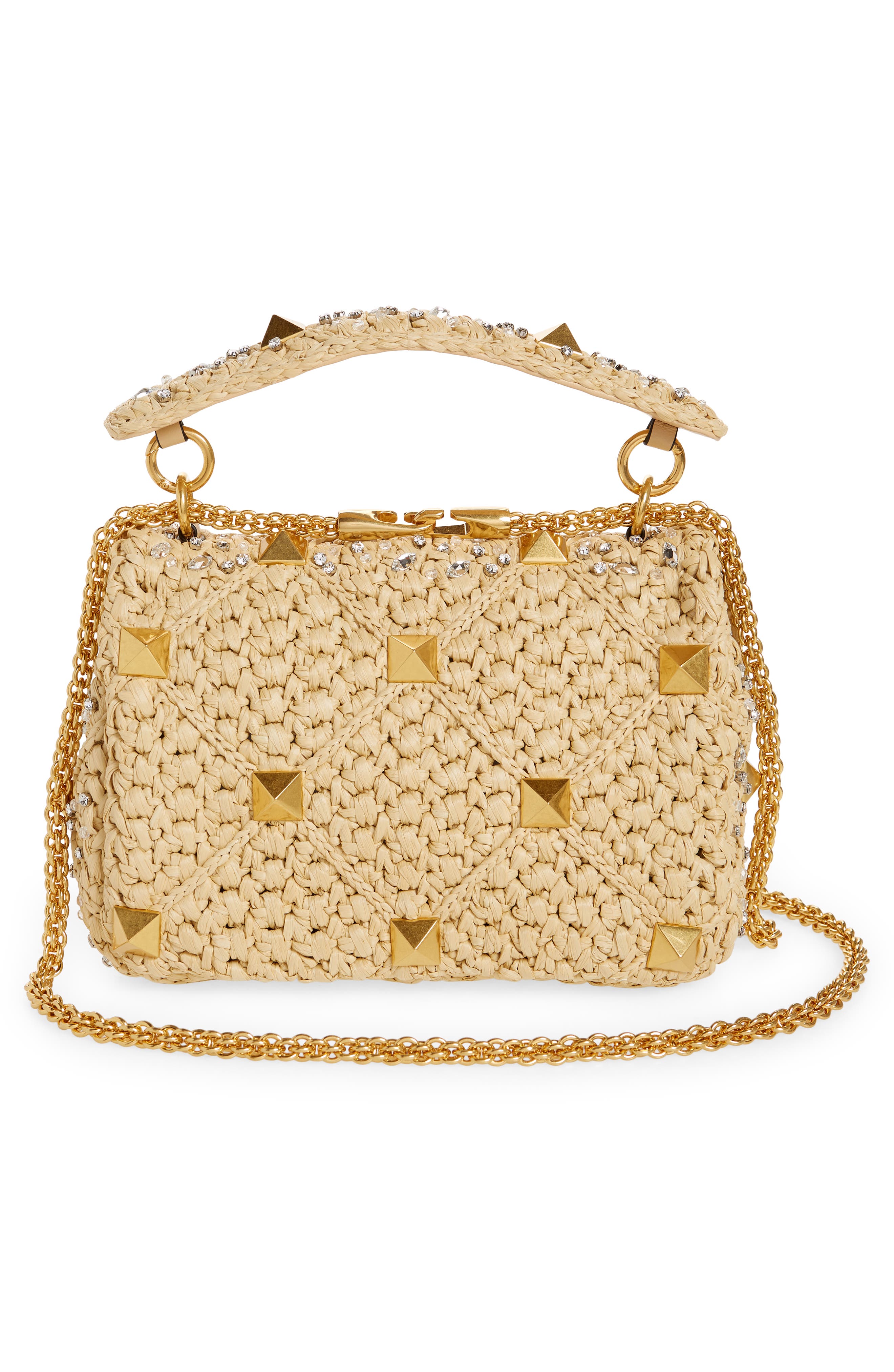 Valentino Garavani Roman Stud Raffia Shoulder Bag, Alternate, color, 