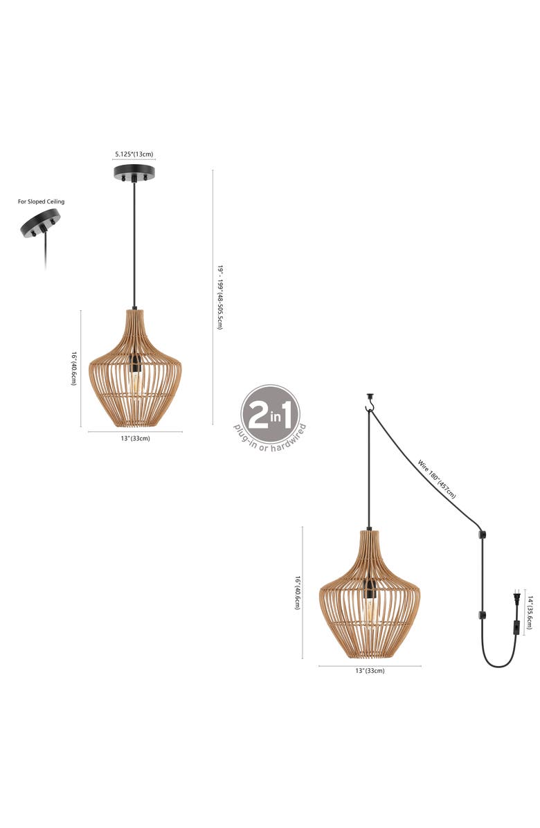JONATHAN Y Lucas 1-Light Farmhouse Coastal Rattan 180" Cord Plug-In or Hardwired LED Pendant, Alternate, color, 