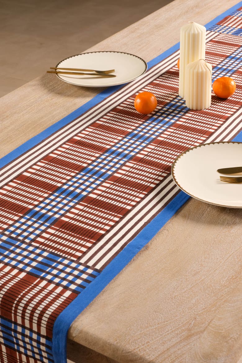 Shetland Plaid Blockprint Tablerunner, Alternate, color, Brown