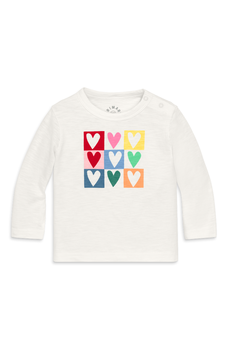 Primary Baby Long Sleeve Rainbow Candy Hearts Tee, Main, color, Ivory Block Hearts