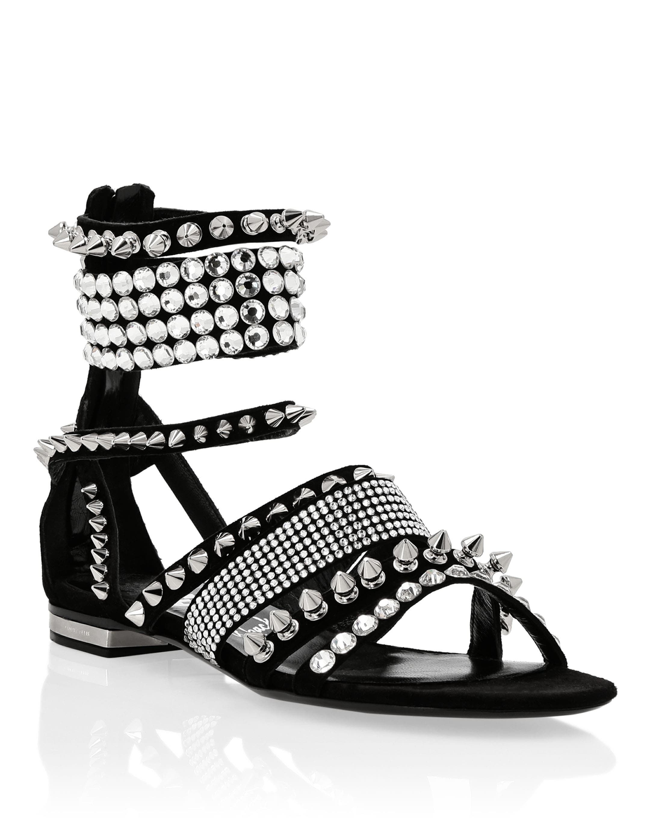 Suede Sandals Flat Studs Women, Main, color, black