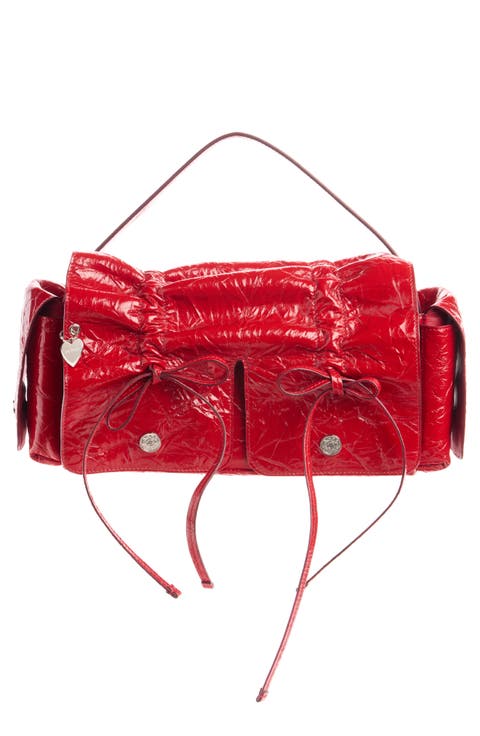 Multipocket Crinkle Patent Leather Top Handle Bag