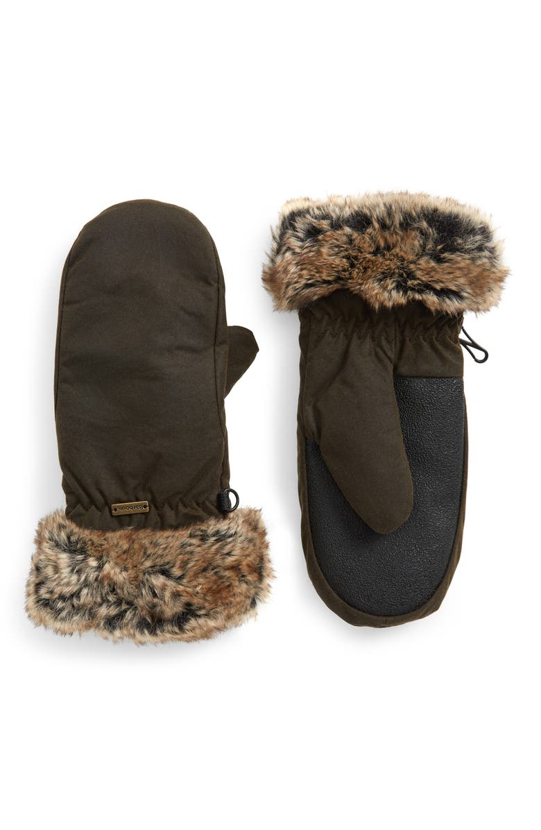 Barbour Waterproof Waxed Cotton Mittens with Faux Fur Cuffs, Main, color, Olive
