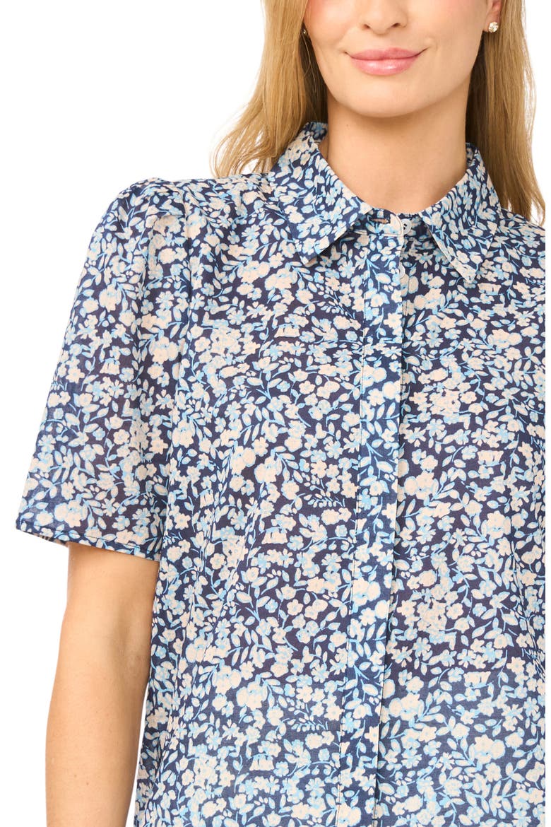 Floral Puff Sleeve Button-Up Top, Alternate, color, LOVELY NAVY