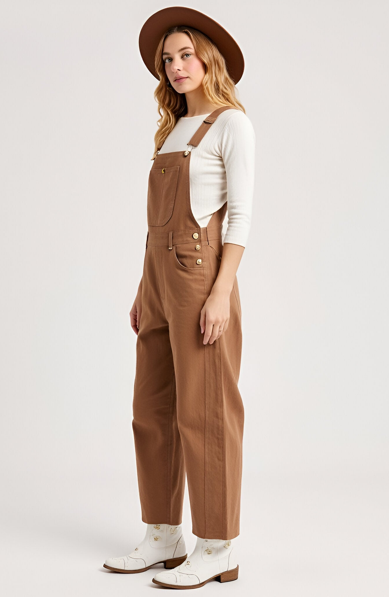 Modenaire Wide-Leg Adjustable-Strap Front Bib Pocket Overalls, Alternate, color, Brown