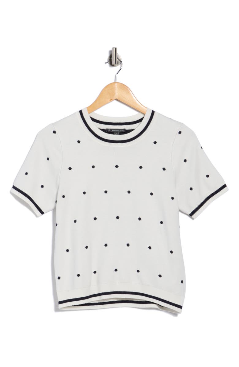 Adrianna Papell Short Sleeve Jacquard Sweater, Alternate, color, Ivory/ Navy Dot