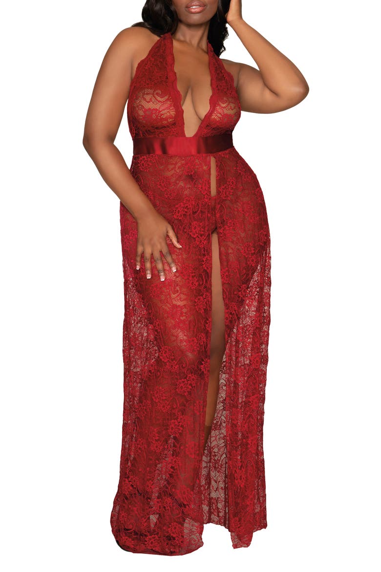 Lace Halter Nightgown & G-String Set, Main, color, GARNET