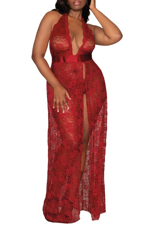 Lace Halter Nightgown & G-String Set (Plus)