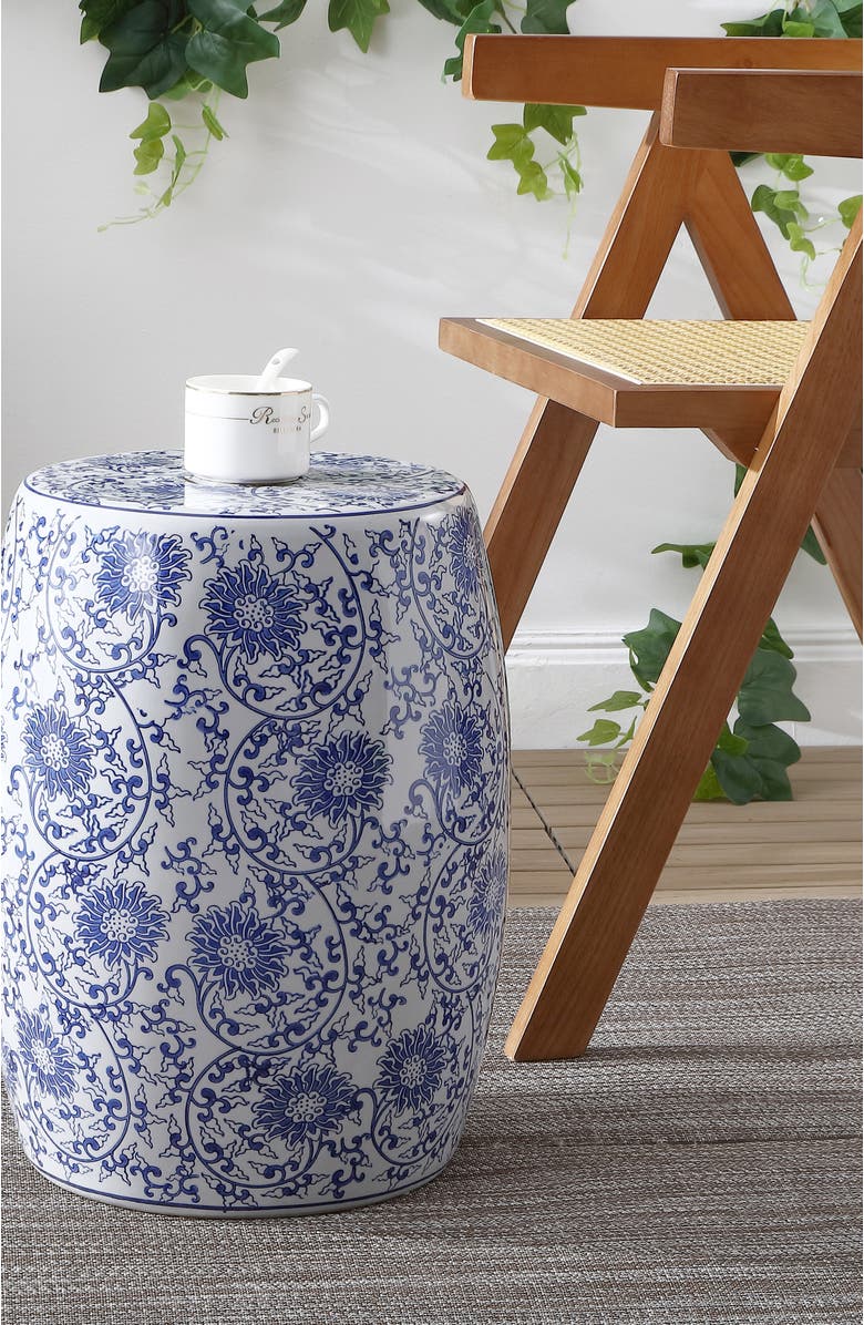 JONATHAN Y Lotus Blossom 17.5" Chinoiserie Ceramic Drum Garden Stool, Alternate, color, Blue/White