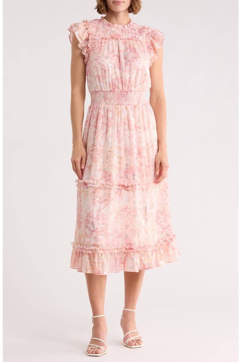 Floral Ruffle Sleeve Tiered Midi Dress, Main, color, SILVER BLUSH