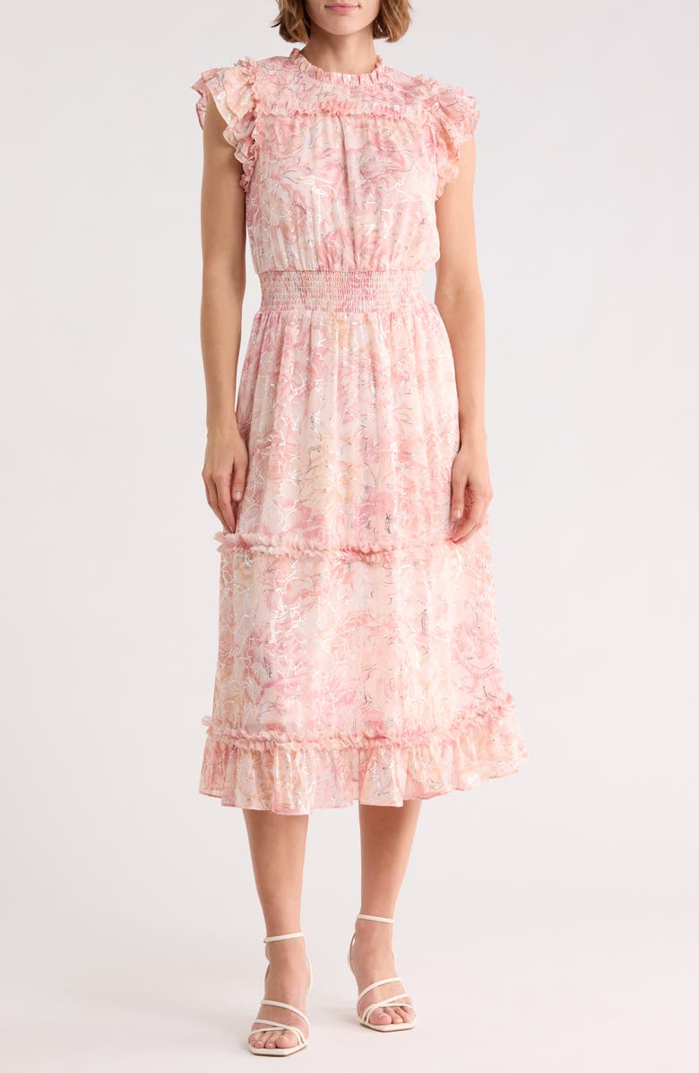 CeCe Floral Ruffle Sleeve Tiered Midi Dress, Main, color, Silver Blush