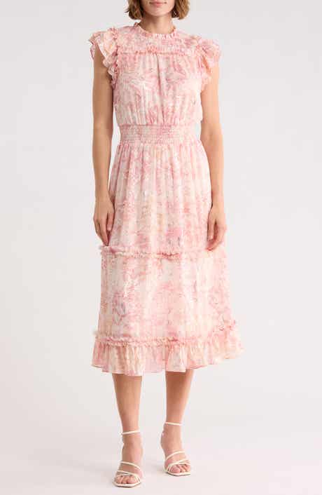 CeCe Floral Ruffle Sleeve Tiered Midi Dress