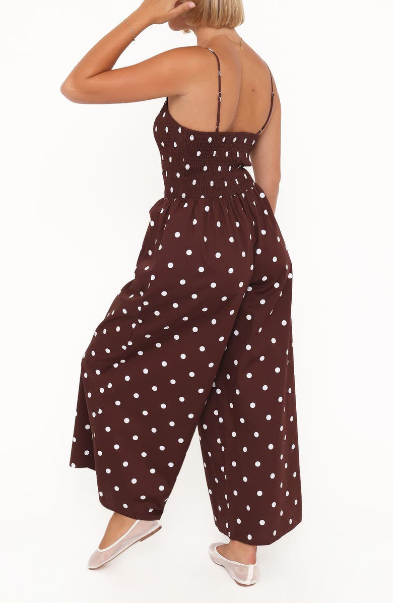 Petal & Pup Paloma Polka Dot Smocked Jumpsuit, Alternate, color, Chocolate Polka Dot