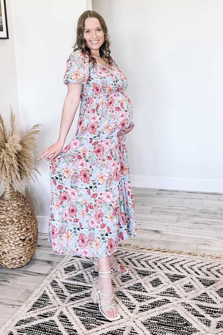 Floral Smocked Square Neck Tiered Maxi Dress, Alternate, color, Blue