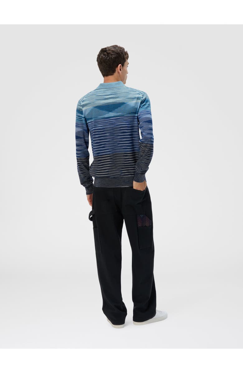 Missoni Long Sleeve Polo In Pure Wool With Flame Pattern, Alternate, color, Blue