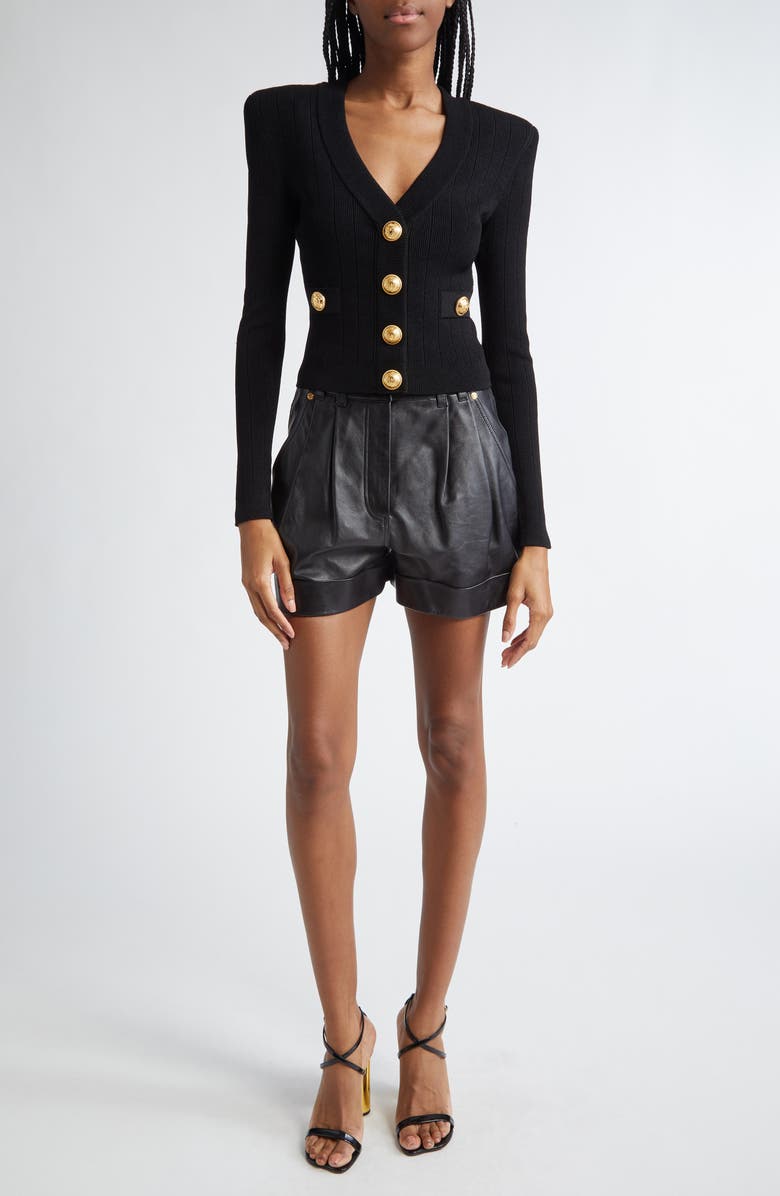 Balmain Button Detail Rib V-Neck Cardigan, Alternate, color, Black