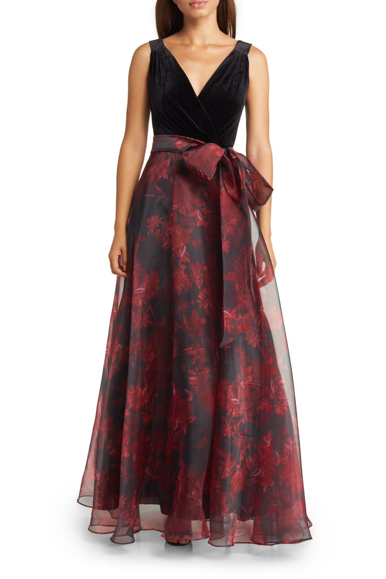 Mixed Media Sleeveless Gown, Main, color, BLACK/ RED