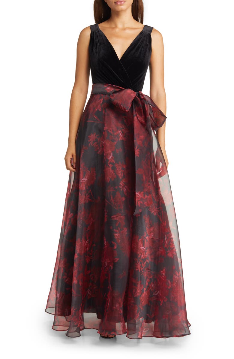 Eliza J Mixed Media Sleeveless Gown, Main, color, 