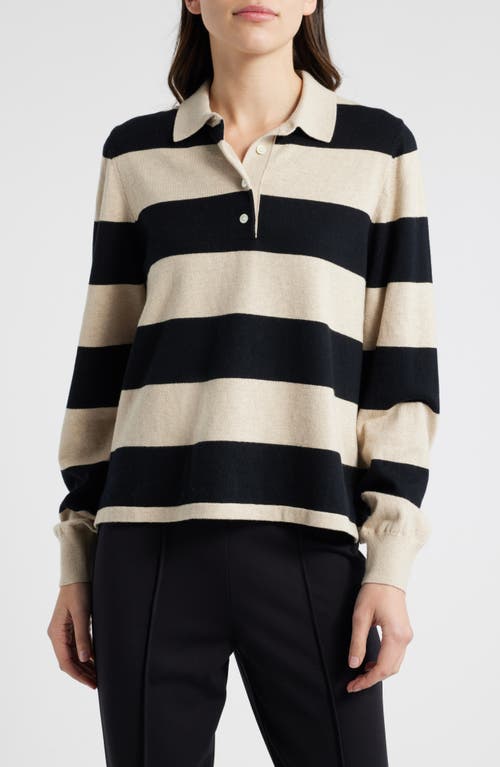 Wyeth Stripe Cotton & Cashmere Polo Sweater in Black/Sand 