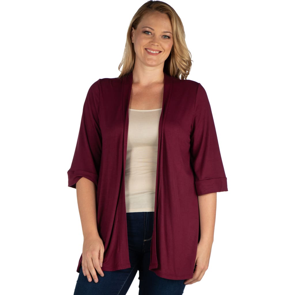 24seven Comfort Apparel Plus Size Elbow Length Sleeve Open Front Cardigan In Burgundy