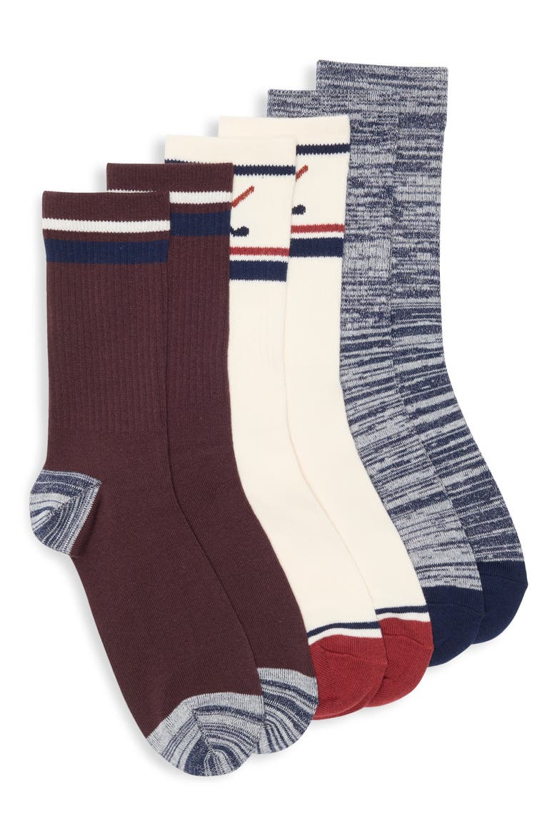 Conversational Sporty 3-Pack Assorted Crew Socks, Main, color, WHITE BURGUNDY GOLF