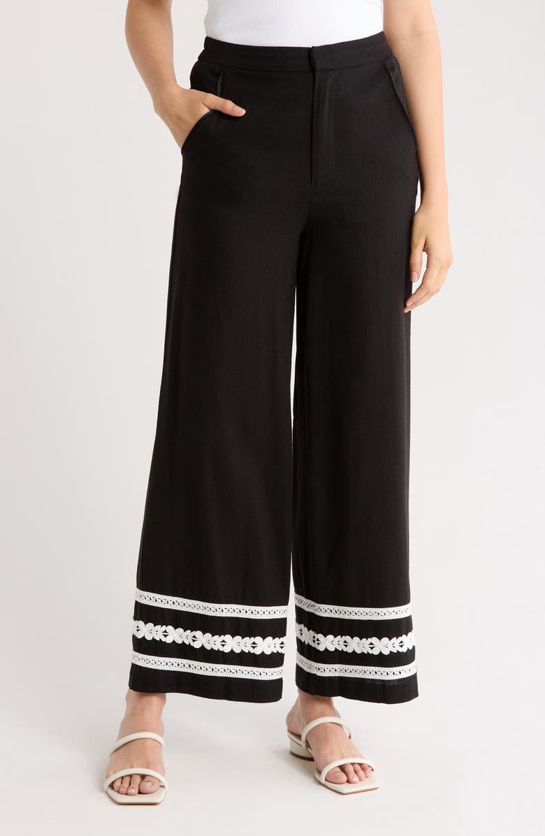 Love By Design Embroidered Wide Leg Pants, Main, color, Black/ Ivory
