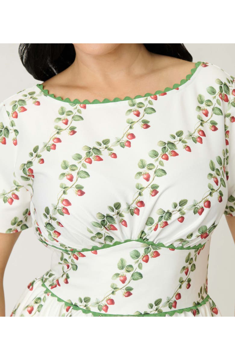 Unique Vintage Smocked Back Swing Dress, Alternate, color, White W/ Strawberry Print