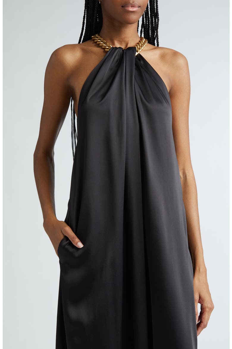 Chain Crossover Halter Satin Gown, Alternate, color, BLACK